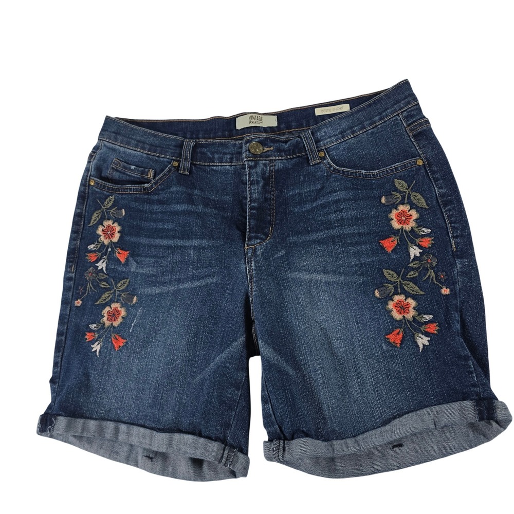 Vintage America Blues Bestie Short Dark Wash Floral Embroidered Denim Shorts 6